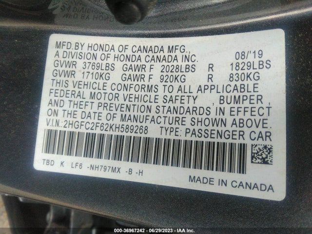 Honda Civic Sedan Lx 2019 2HGFC2F62KH589268 Image 9