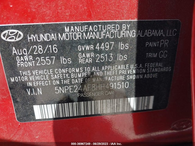 Hyundai Sonata 2.4l 2017 5NPE24AF8HH491510 Image 14