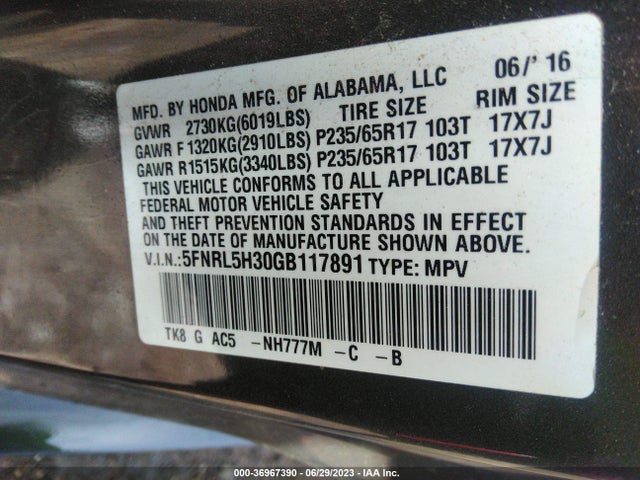 Honda ODYSSEY SE 2016 5FNRL5H30GB117891 Image 9