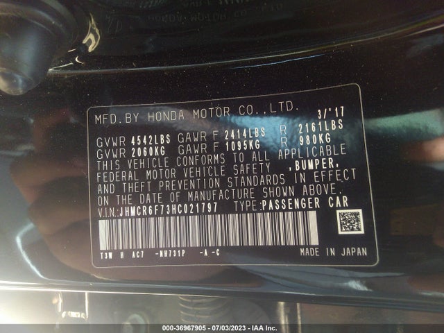 2017 HONDA ACCORD HYBRID TOURING VIN: JHMCR6F73HC021797