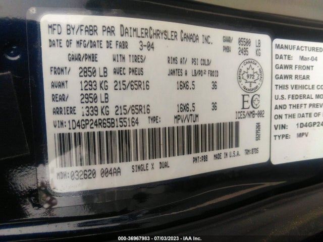 2005 DODGE GRAND CARAVAN VIN: 1D4GP24R65B155164