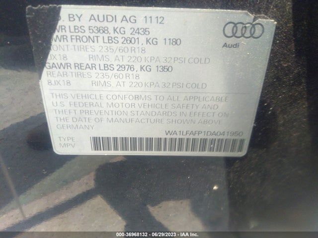2013 AUDI Q5 PREMIUM PLUS VIN: WA1LFAFP1DA041950