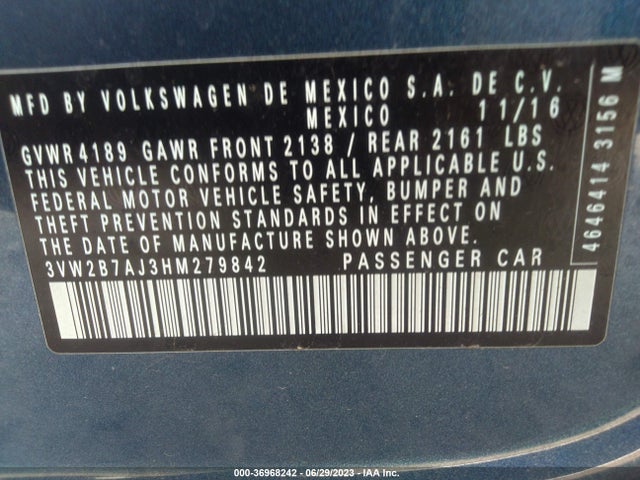 3VW2B7AJ3HM279842 Volkswagen Jetta 1.4t S