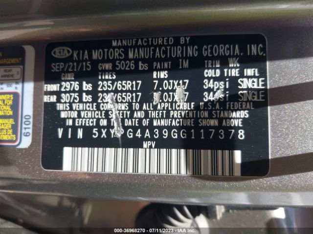 5XYPG4A39GG117378 KIA SORENTO LX