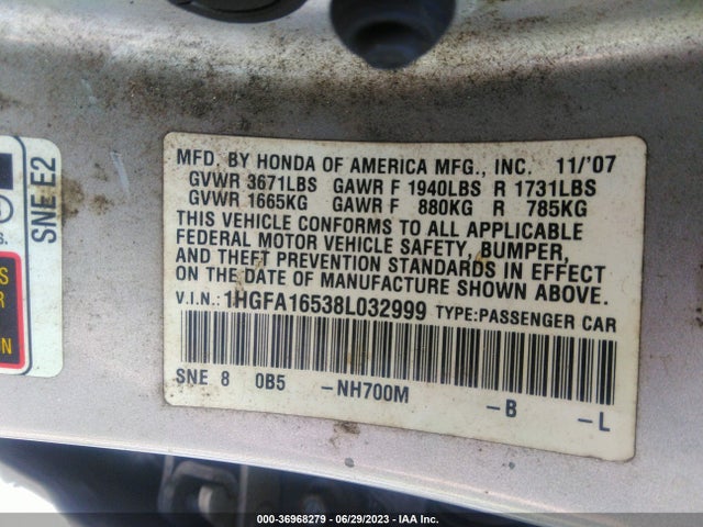 2008 HONDA CIVIC SDN LX VIN: 1HGFA16538L032999