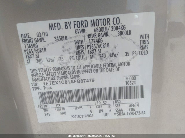 2010 FORD F-150 XLT VIN: 1FTEX1C81AFB87479