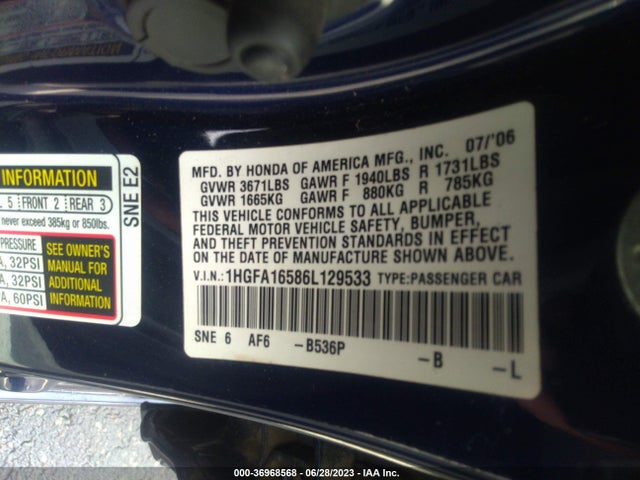 2006 HONDA CIVIC SDN LX VIN: 1HGFA16586L129533