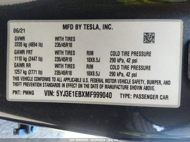 Tesla Model 3 Long Range 2021 5YJ3E1EBXMF999040 Image 17