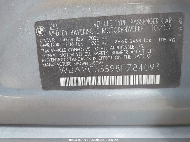 2008 BMW 3 SERIES 328I VIN: WBAVC53598FZ84093