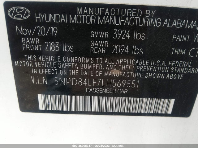 2020 HYUNDAI ELANTRA SEL VIN: 5NPD84LF7LH569551