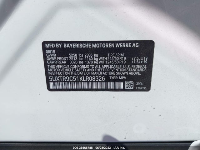 2019 BMW X3 XDRIVE30I VIN: 5UXTR9C51KLR08326