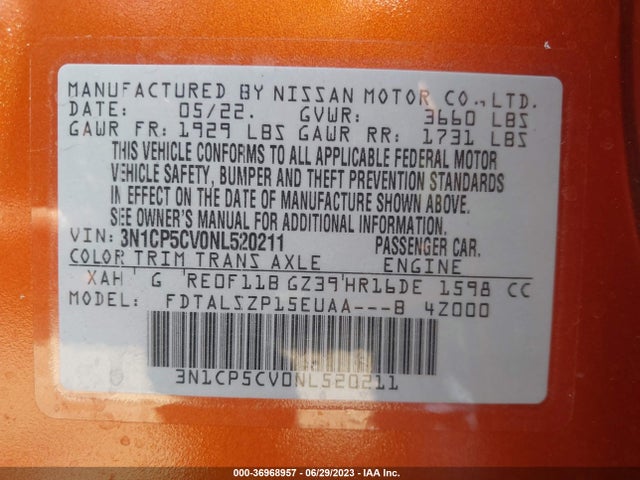 2022 NISSAN KICKS SV VIN: 3N1CP5CV0NL520211