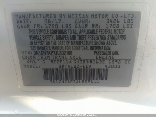 3N1CN7AP7JL802166 Nissan Versa Sedan Sv