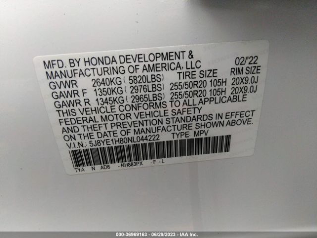 5J8YE1H80NL044222 Acura Mdx W/advance Package