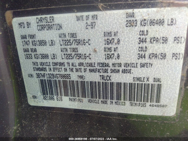 1997 DODGE RAM 1500 VIN: 3B7HF13Z9VG780665