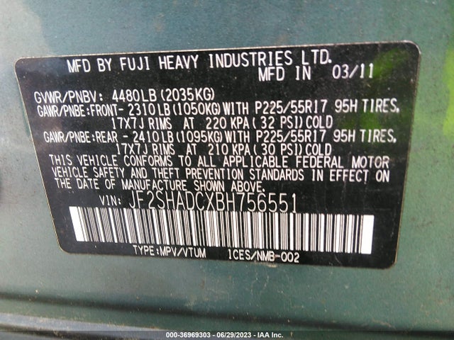 2011 SUBARU FORESTER 2.5X PREMIUM VIN: JF2SHADCXBH756551
