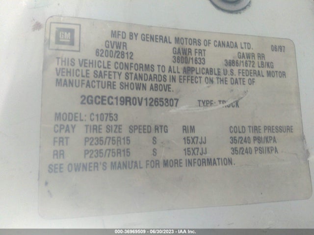1997 CHEVROLET C/K 1500 VIN: 2GCEC19R0V1265307