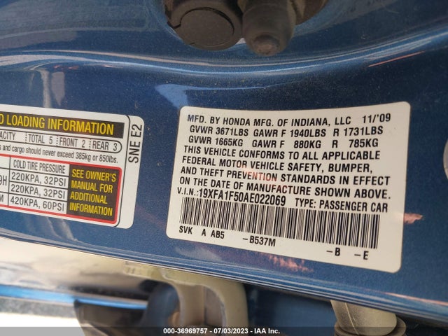 2010 HONDA CIVIC SDN LX VIN: 19XFA1F50AE022069