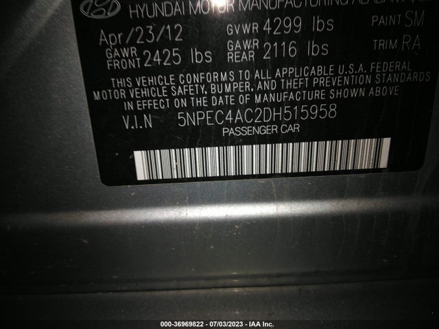 2013 HYUNDAI SONATA LIMITED PZEV VIN: 5NPEC4AC2DH515958