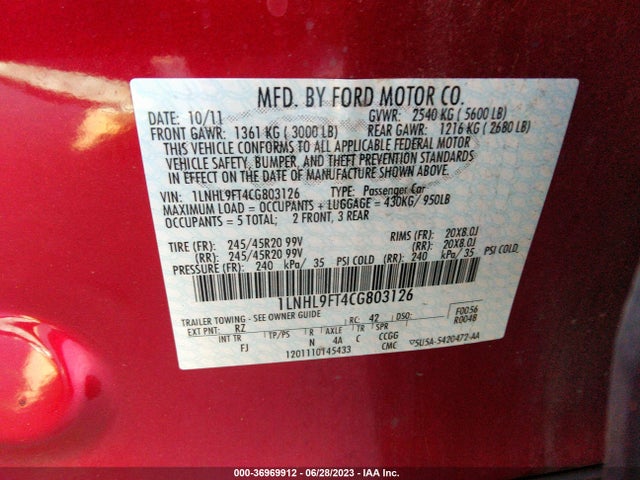 Aukcja sprzedaży 2012 Lincoln Mks W/ecoboost, vin: 1LNHL9FT4CG803126, numer aukcji: 36969912