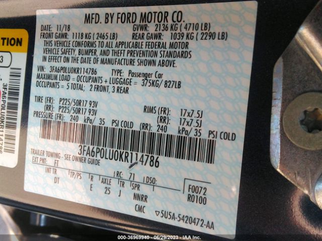 3FA6P0LU0KR114786 Ford Fusion Hybrid Se
