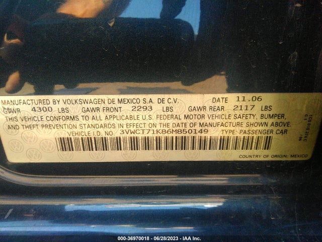 2006 VOLKSWAGEN JETTA SEDAN 1.9L DIESEL EDITION VIN: 3VWCT71K86M850149