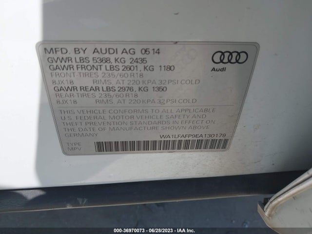 2014 AUDI Q5 PREMIUM PLUS VIN: WA1LFAFP9EA130179