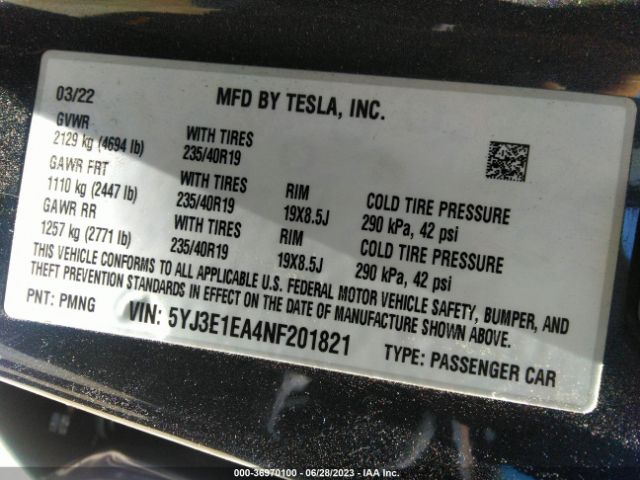 5YJ3E1EA4NF201821 Tesla MODEL 3