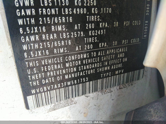 WVGBV7AX3FW581753 Volkswagen TIGUAN S