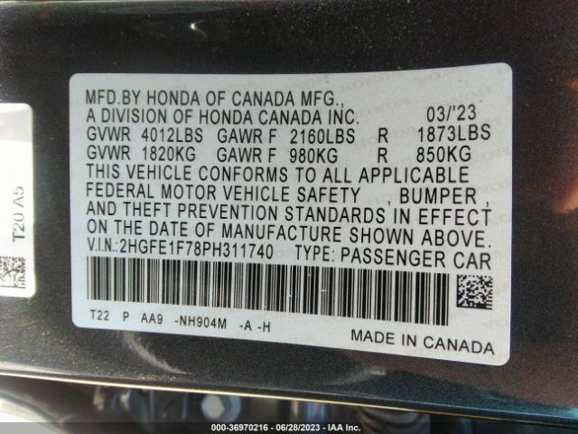 2HGFE1F78PH311740 Honda Civic Sedan Ex