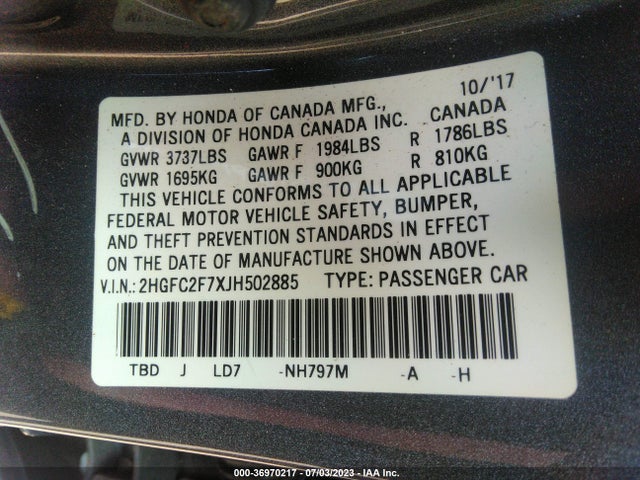 Honda CIVIC EX 2018 2HGFC2F7XJH502885 Image 9