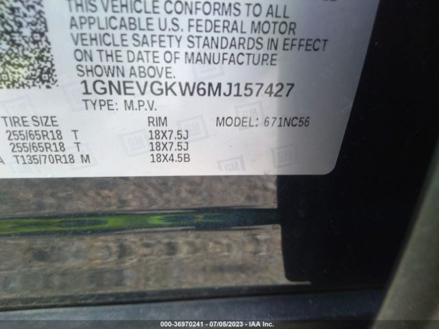 1GNEVGKW6MJ157427 Chevrolet Traverse Awd Lt Cloth