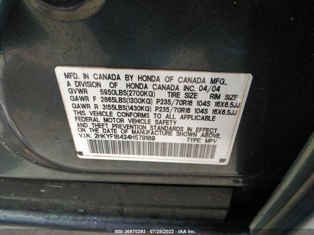 2004 HONDA PILOT EX VIN: 2HKYF18424H579189