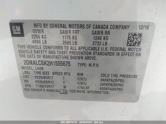 2017 CHEVROLET EQUINOX LT VIN: 2GNALCEK2H1555675