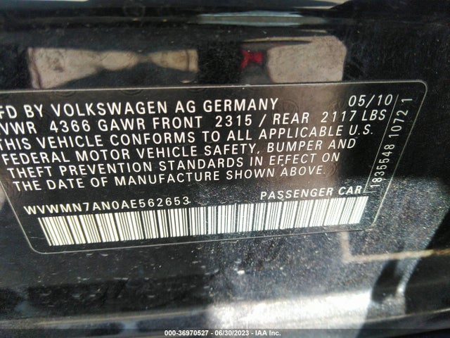 2010 VOLKSWAGEN CC SPORT VIN: WVWMN7AN0AE562653