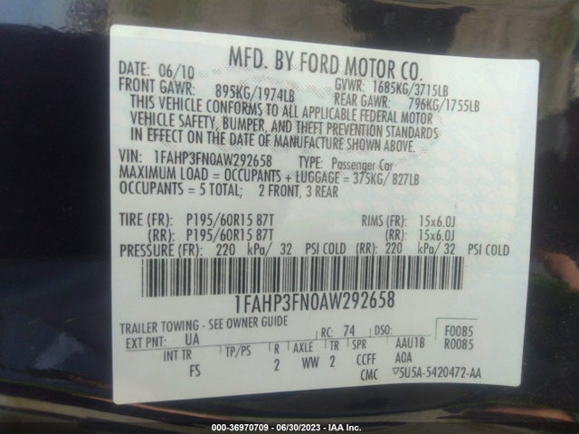 2010 FORD FOCUS SE VIN: 1FAHP3FN0AW292658