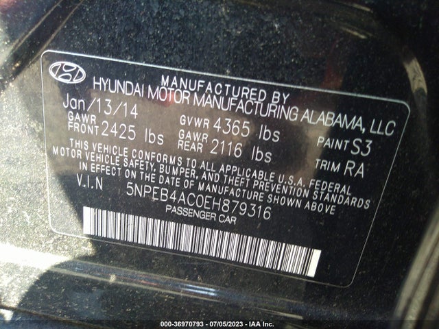 2014 HYUNDAI SONATA GLS VIN: 5NPEB4AC0EH879316