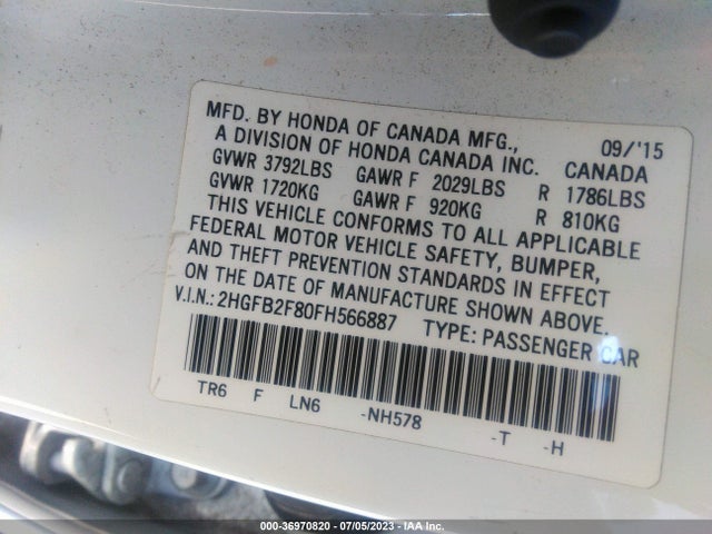 Honda Civic Sedan Ex 2015 2HGFB2F80FH566887 Image 9