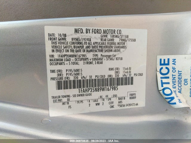 2009 FORD FOCUS SE VIN: 1FAHP35N89W167985