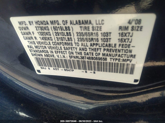 2008 HONDA ODYSSEY EX-L VIN: 5FNRL38748B069658