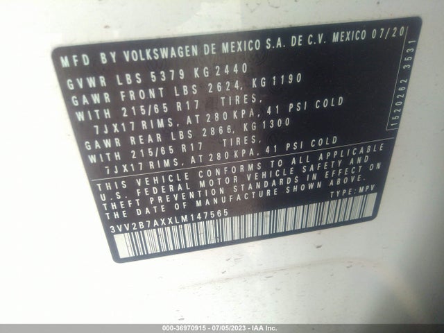 3VV2B7AXXLM147565 Volkswagen Tiguan Se/sel/se R-line Black