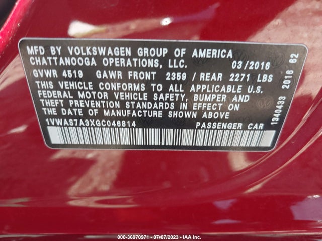 2016 VOLKSWAGEN PASSAT 1.8T S VIN: 1VWAS7A3XGC046814