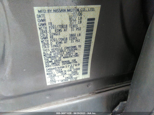 2006 NISSAN TITAN SE VIN: 1N6AA07B46N572769