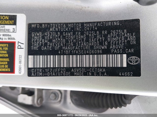 2014 TOYOTA CAMRY L/LE/XLE/SE/SE SPORT VIN: 4T1BF1FK5EU406096