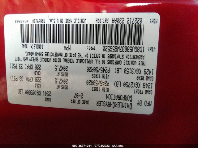 2007 DODGE NITRO R/T VIN: 1D8GU58637W656520
