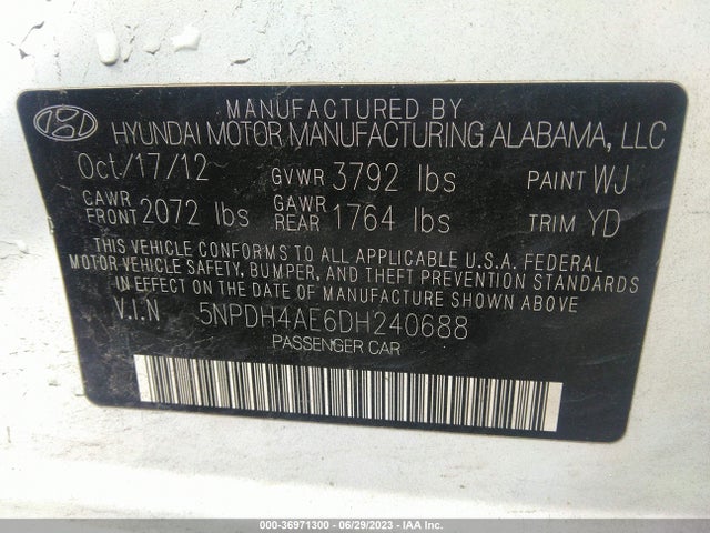 2013 HYUNDAI ELANTRA GLS VIN: 5NPDH4AE6DH240688
