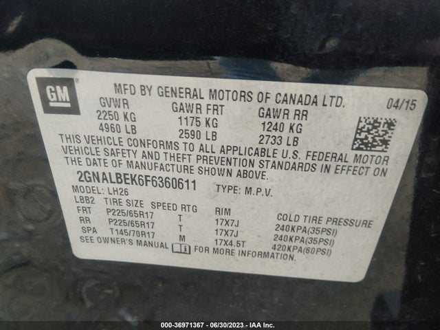 Chevrolet EQUINOX LT 2015 2GNALBEK6F6360611 Image 9