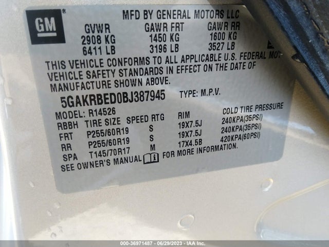 2011 BUICK ENCLAVE CXL-1 VIN: 5GAKRBED0BJ387945