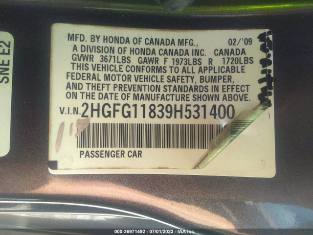 2009 HONDA CIVIC CPE EX VIN: 2HGFG11839H531400