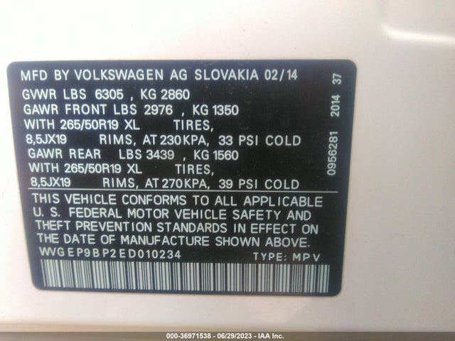 2014 Volkswagen Touareg, VIN: WVGEP9BP2ED010234